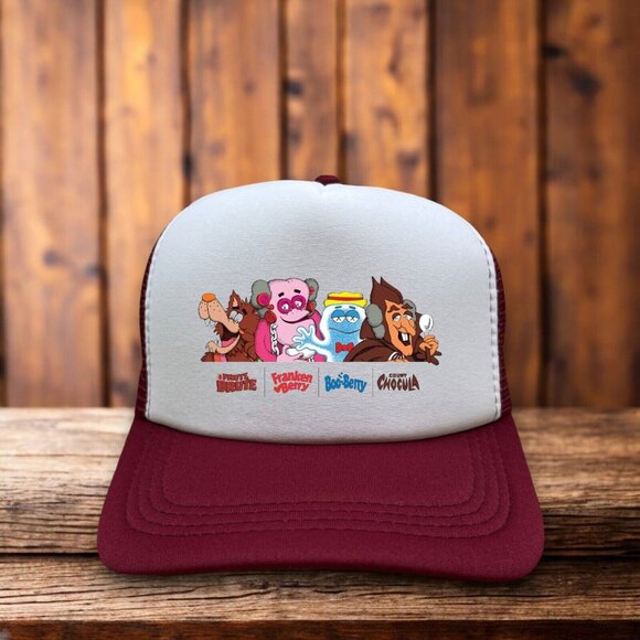 Cereal Monsters Unisex Trucker Hat Maroon Frankenberry Count Chocula Retro Cap - Picture 1 of 4